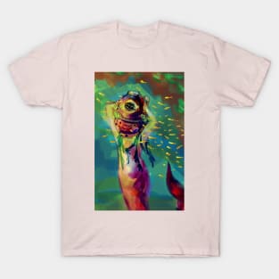 Mermay Mermaid stuck in a deepsea diver helmet undersea underwater fantasy art T-Shirt